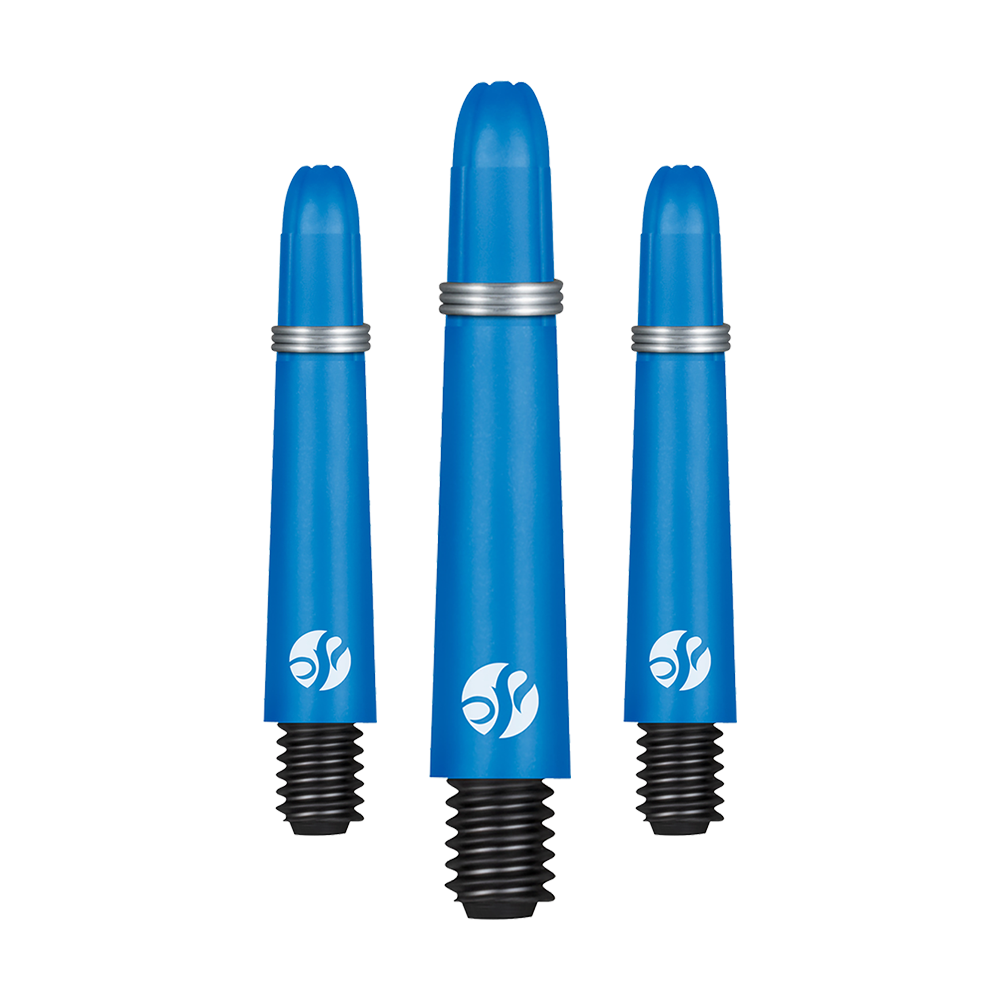 Auf dem Bild sind drei blaue Dartschäfte mit silbernem Ring und schwarzem Schraubgewinde zu sehen. Sie stehen nebeneinander und haben das gleiche Logo aufgedruckt.